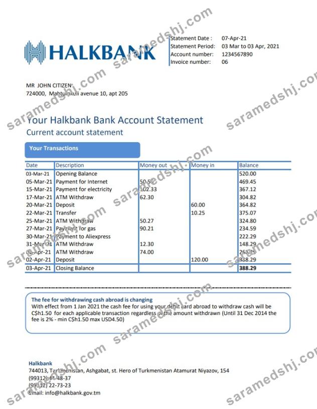Turkmenistan Halkbank excel pdf